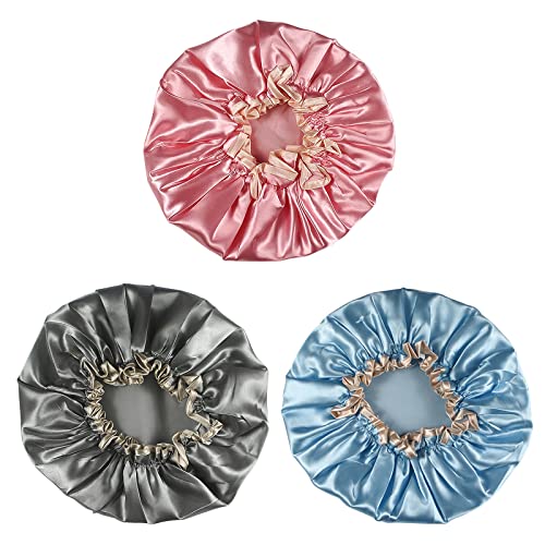 Boseago 3 PCS Bonnet de Douche Imperméable, Chapeau de Douche en Soie Double Couche Réutilisable, Bonnet de Bain de Luxe Etanche avec des Bandes Élastiques pour Femme Filles SPA Salon Cover