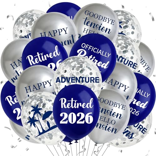30pcs 2026 Happy Retirement Balloons Decorations Blue Silver Happy Retirement Party Decor for Men Women 2026 Retirement Party Supplies Resignation Coworker Indoor Outdoor 12in Latex Confetti Round