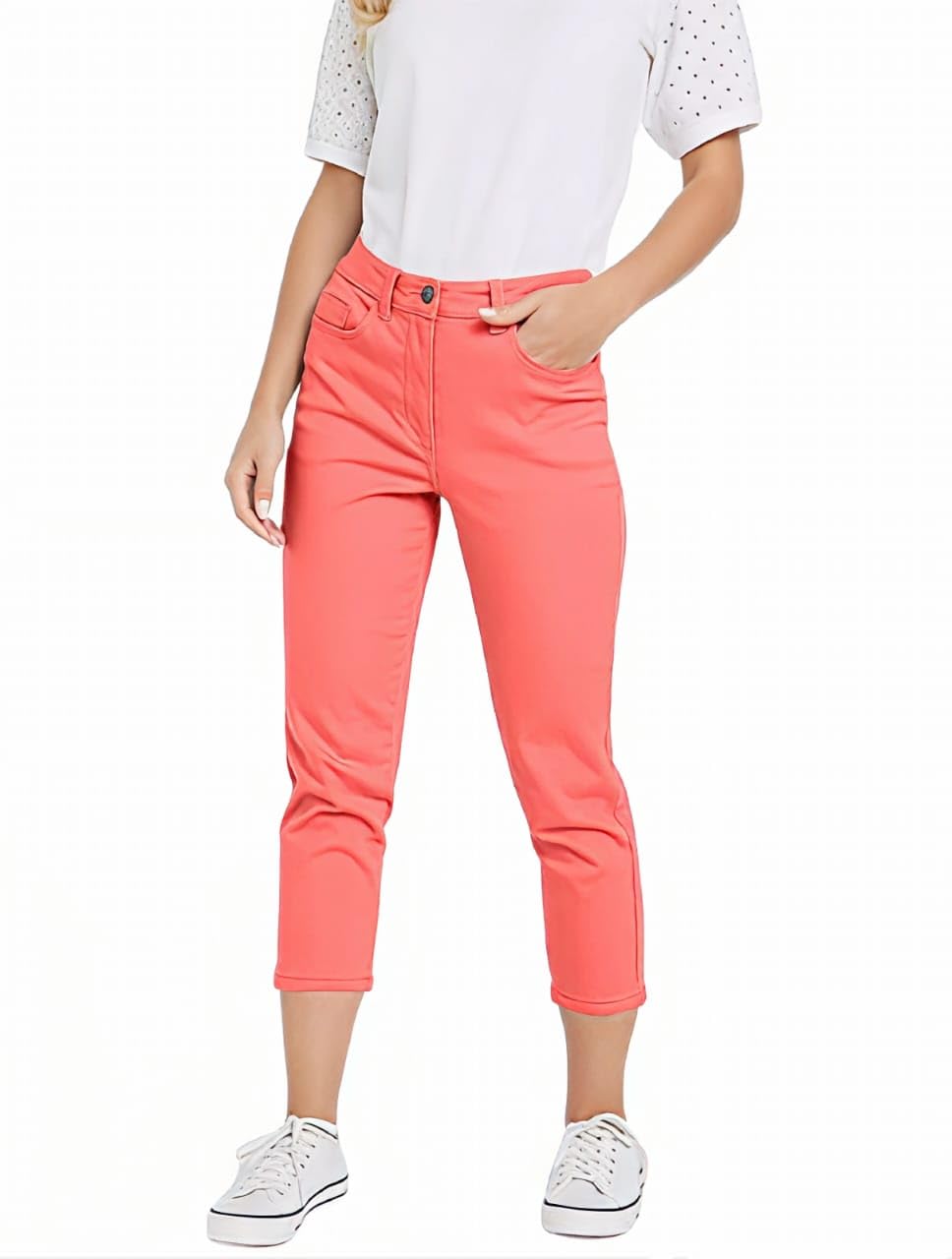 ChicWhisper Ladies Crop Jeans Stretch Pants Pockets 3/4 Cropped Coral
