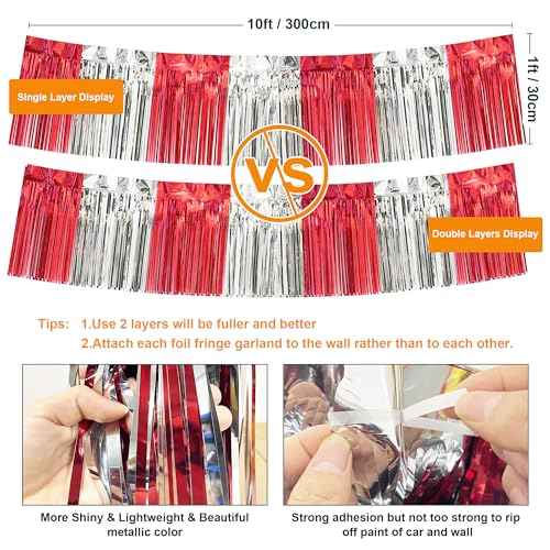 Image of 4 Pack 10 Feet Red Silver Foil Fringe Garland Metallic Tinsel Streamers Banner Fringe Curtain Banner for Parade Floats Wedding Graduation Homecoming Carnival Birthday Party Decorations (Red Silver)