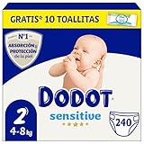 Dodot Pañales Bebé Sensitive, Talla 2 (4-8 kg), 240 Pañales + 1 Pack de Toallitas Gratis de Aqua Plastic Free, Nº1 en Protección de la Piel de Dodot, Pack Mensual