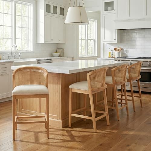 Image of Christopher Knight Home Jane Rattan Counter Stools Set of 4, Counter Height Bar Stools for Bar Table, Rubberwood Frame with Upholstered Barstools, Wood Accent Chair with Footrest, Beige + Natural