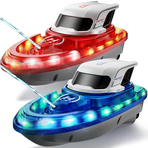 SYMA Juego de 2 botes teledirigidos para niños de 8 a 12 años, barcos de carreras RC con LED y spray de agua, 20 min por barco, 40 min en total, juguete para piscina y lago, regalo para niños y niñas