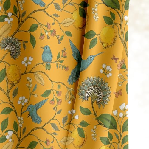 Image of BFAM Floral Print 100% Blackout Curtain with Black Linning at Back, Floral Print Curtains for Living Room /Bedroom Thermal Insulated Energy Saving, Yellow Bird, 7FT, Pack of 1 Curtain