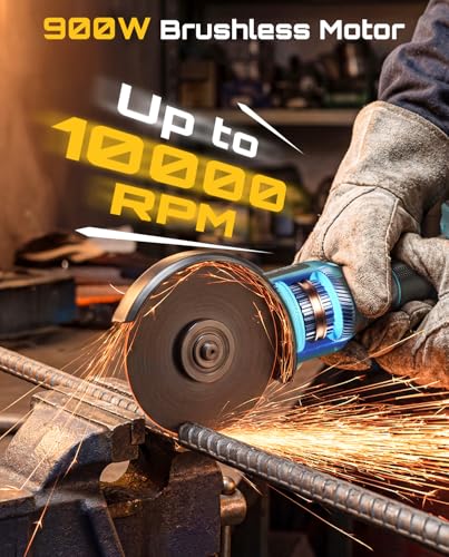Image of SEESII Cordless Angle Grinder 4-1 /2 Inch, 21V Brushless Battery Grinder Tool with 2X 4.0Ah Batteries, 10000RPM for Metal Cutting, Grinding, Polishing, Rust Removal (Blue)