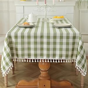 Laolitou Checkered Tablecloth Rectangle Washable Heavy Duty Buffalo Plaid Table Cloth with Tassel Cotton Linen Gingham Table Cover for Spring Picnic Kitchen Dining Room, Green, 70 Inch
