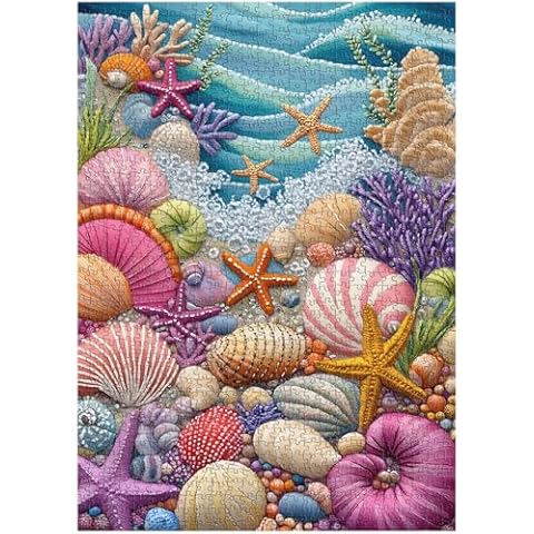 PICKFORU Beach Puzzles for Adults 1000 Pieces, Colorful Seashells Puzzle Sea Coral Starfish，Impossible Ocean Jigsaw Puzzles as Home Art Cover