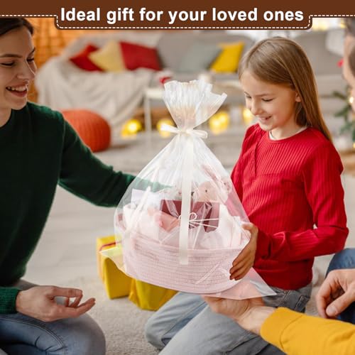 Image of OIAHOMY Gift Basket with Handle, Small Woven Basket with Gift Bag, Ribbon and Wrap Tissue Paper, Nursery Bins Empty to Fill with Small Items, Baby, Pet Toy Organizer - Pink