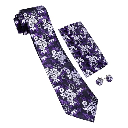 Image of Barry.Wang Men Tie Set Floral Paisley Silk Necktie Pocket Square Cufflinks Formal Wedding Party Business