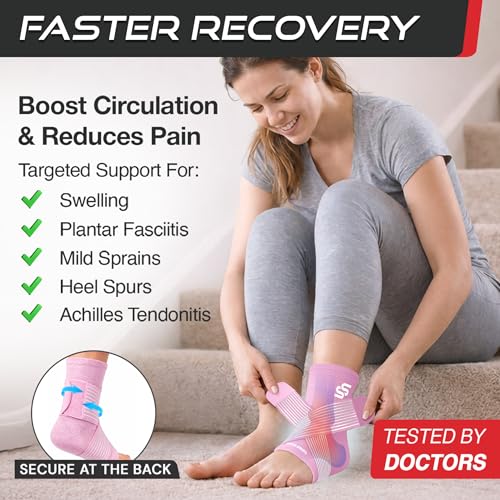 Image of Sleeve Stars Ankle Brace for Women & Men, Ankle Wrap for Sprained Ankle, Compression Sleeve for Plantar Fasciitis Relief, Easy Customizable Support: w /Removable Strap (Single /L:12 inch-13 inch /Baby Pink)