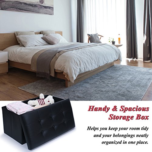WoneNice 30 Inches Faux Leather Folding Storage Ottoman Bench, Ottoman Toy Folding Storage Box, Hold Up to 300 LB, Black - Thumbnail 6