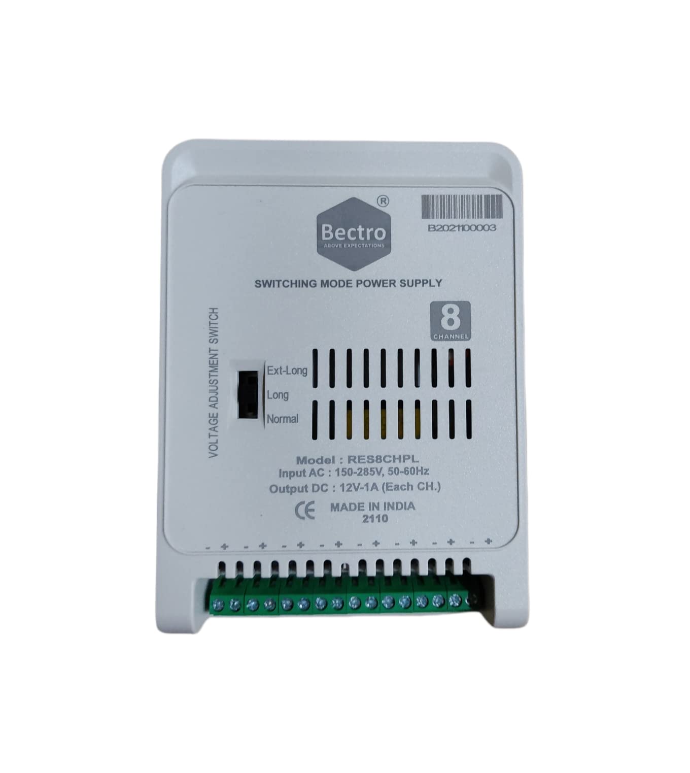Bectro CCTV Power Supply SMPS 8 Channel/Port 12V 10 Amp Maximum Output with Voltage Booster Technology, Multiple Terminal DC Outlet.