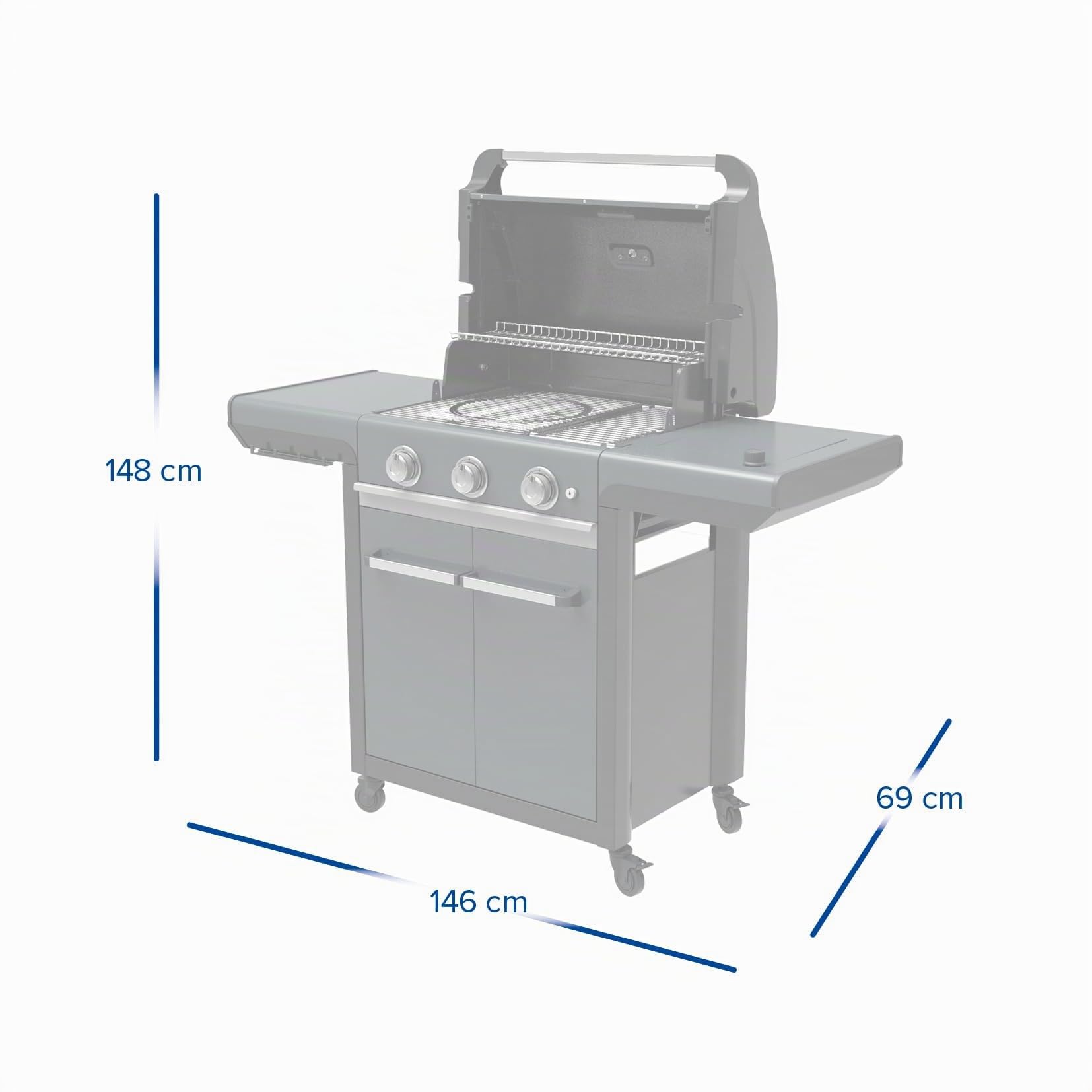 Campingaz Barbacoa de gas serie 3 Premium S, parrilla de gas con 3 quemadores de acero inoxidable de 10,2 kW, quemador lateral, tapa, termómetro, agua limpia instantánea, sistema modular culinario