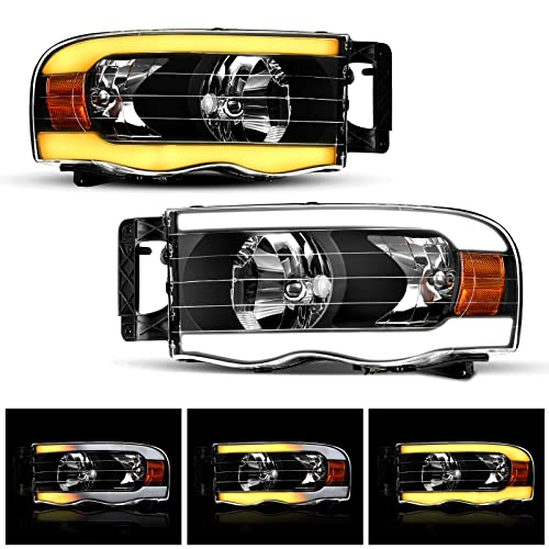 AUTOSAVER88 Switchback LED Tube Headlights Assembly Compatible with 2002-2005 Dodge Ram 1500 2003 2004 2005 Dodge Ram 2500 3500 Headlamp Replacement Pair Amber Reflector