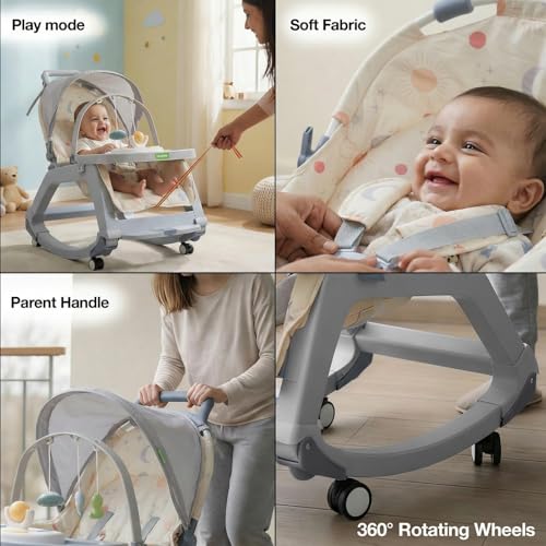Image of Baybee Baby Rocker & Bouncer Chair for 0-3 Years | Baby Feeding Chair with Push Rocker Mode, Adjustable Canopy, Hanging Toys, 360 Wheels & 3-Point Safety Belt (Beige)