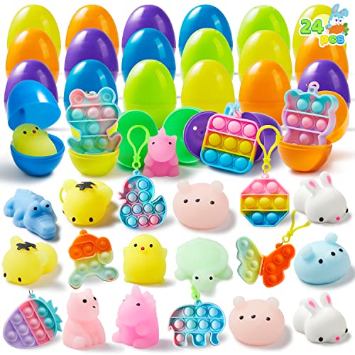 JOYIN Lot de 24 œufs de Pâques pré-remplis avec jouets assortis, remplis de jouets Mochi et de porte-clés anti-stress, jouets anti-stress pour panier de...