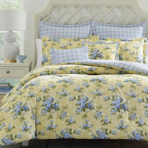 Image of Laura Ashley - Queen Comforter Set, Reversible Floral Bedding with Matching Shams & Bonus Decorative Pillows, Medium Weight, 7-Piece, College Dorm Room Essentials (Cassidy Yellow)