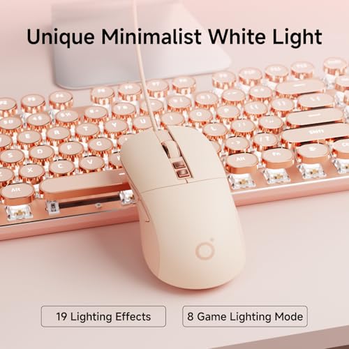Image of EWEADN Wired Typewriter keyboard and Mouse Combo, Typewriter Style Mechanical Gaming Keyboard,104 Keys Backlit LED Keyboards, Media Control Knob, Wired Keyboard Pink Switch for Windows /Mac /PC-Pink