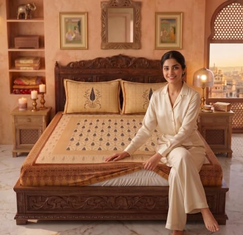 Image of VAS COLLECTIONS 240 TC Cotton King Size Fitted Bedsheet, Premium Soft Breathable Stretchable Mattress Sheet, Skin Friendly Durable Printed Bed Cover for Double Bed, 72 x 78 + 10 Inches - Honey Beige