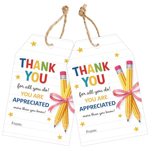 Joycraft 50Pcs Thank You Gift Tags with String 3.3x2.1 inch Teacher Appreciation Tags with Bow Pencil Design Thank You for All You Do Hangtags White Paper Labels for Teacher Week Party Favors