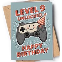 Happy 9th Birthday Card for Boy - Cool 9 Year Old Birthday Card for Son, Grandson, Nephew - Cute Gamer Level 9 Bday Cards for Kids - Age 9 Video Game Themed Greeting Cards for Boys, Gamers - NUM 260