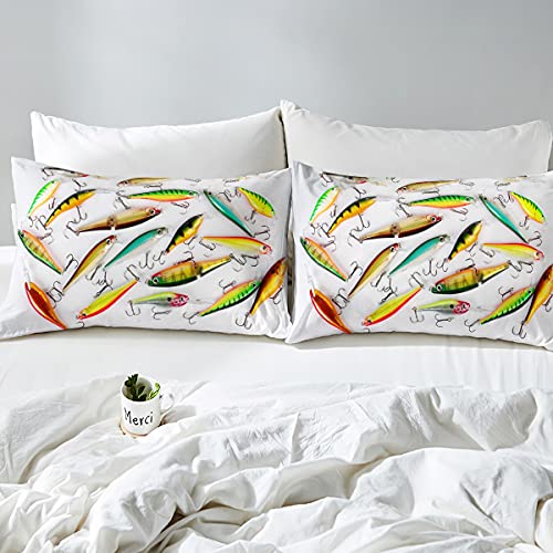 Fishing Sheet Set Fishing Outdoor Sports Bed Sheets For Kids Boys Girls Fish Hook Bait Print Bed Set Colorful Decor Sheets Room 4Pcs Full Size #TOP4