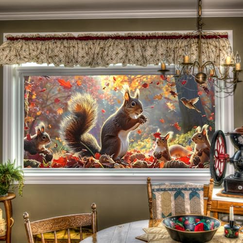 HOMETITUTE Autumn Squirrel Leaf Stained Glass Film 39.3x17.7 Inch
