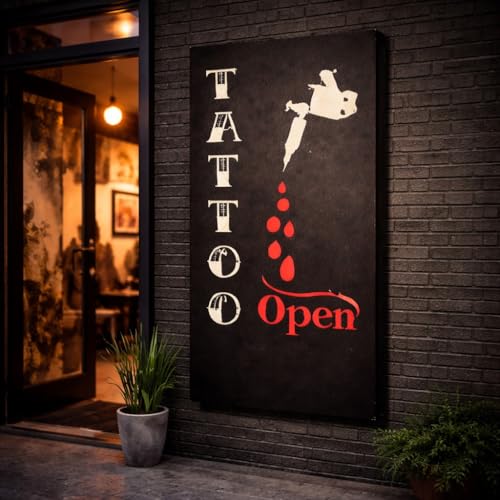 Image of Tattoo Open Neon Sign for Business, 19x10 Inch LED Dimmable Light, Neon Wall Decor for Tattoo Shop, Studio, Bar, Pub, Hotel & Man Cave