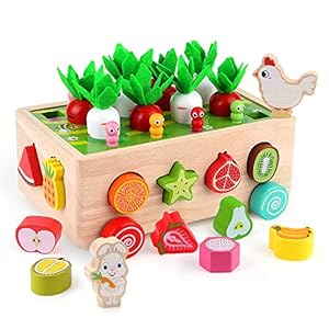 SKYFIELD Montessori Wooden Garden Toy for Baby Boys Girls 1 2 3 Years Old, Fine Motor Skills Developmental Gift Toy Color Shape Fruit Sorting Orchard Cart Farm Game for Toddler 1-3