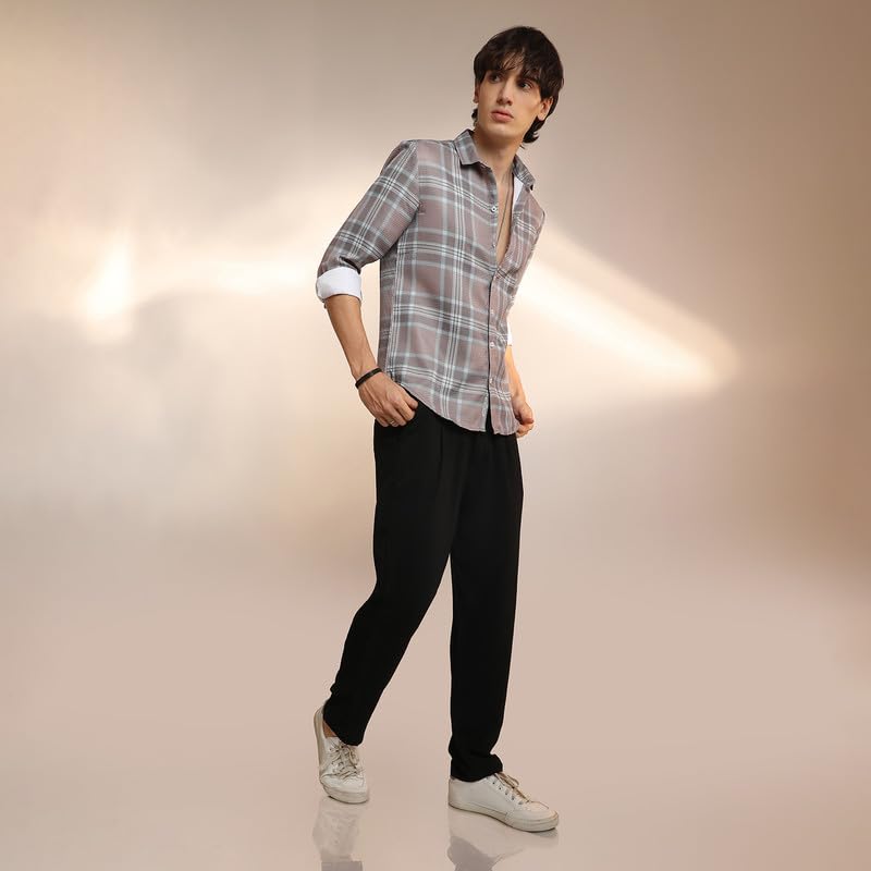 Image of CAHOOT Men's Nude Pink & Cloud Grey Tartan Plaid Shirt for Casual Wear | Spread Collar | Long Sleeve | Button Closure | Shirt Crafted with Comfort Fit for Everyday Wear