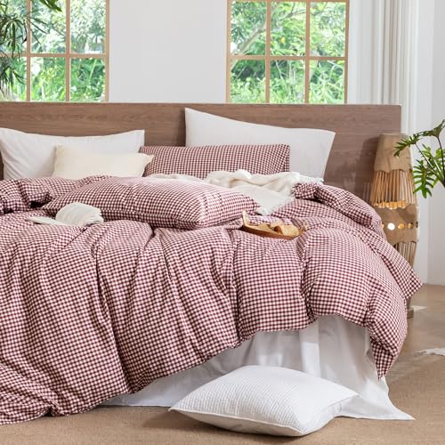 Image of MooMee Gingham Duvet Cover Set 100% Washed Cotton Linen Like King | Relaxed Linen-like Texture. Soft, Breathable & Long-lasting Comfort. Lightweight. Hidden Zipper with 8 Interior Corner Ties