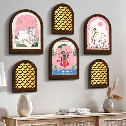 Image of Jharokha MDF Mirror for Home Decor | MDF Traditional Mirrors for Home Decoration | Wall Mirror Decor Hanging for Living Room Bedroom Office Set of 6 (9x12 inch & 7.5x9.5 inch)