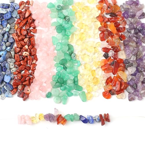 HERZONE circa 430 pezzi, 7 pietre preziose chakra, perle di pietra naturale, da infilare, per braccialetti fai da te (7 chakra)
