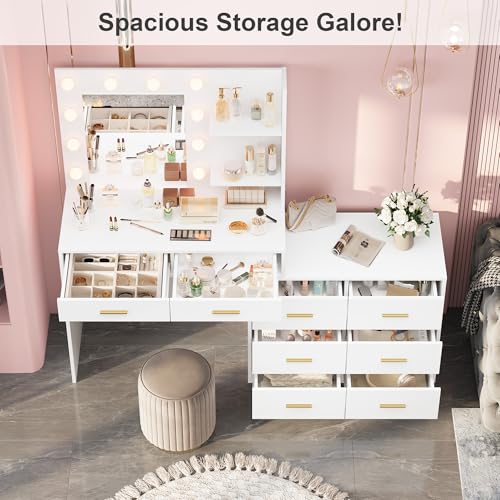 61" Make Up Vanity Desk with Mirror and Lights, White Vanity with 8 Wide Storage Drawers & 2 Tier Shelves, 3 Lighting Modes with Adjustable Brightness for Bedroom