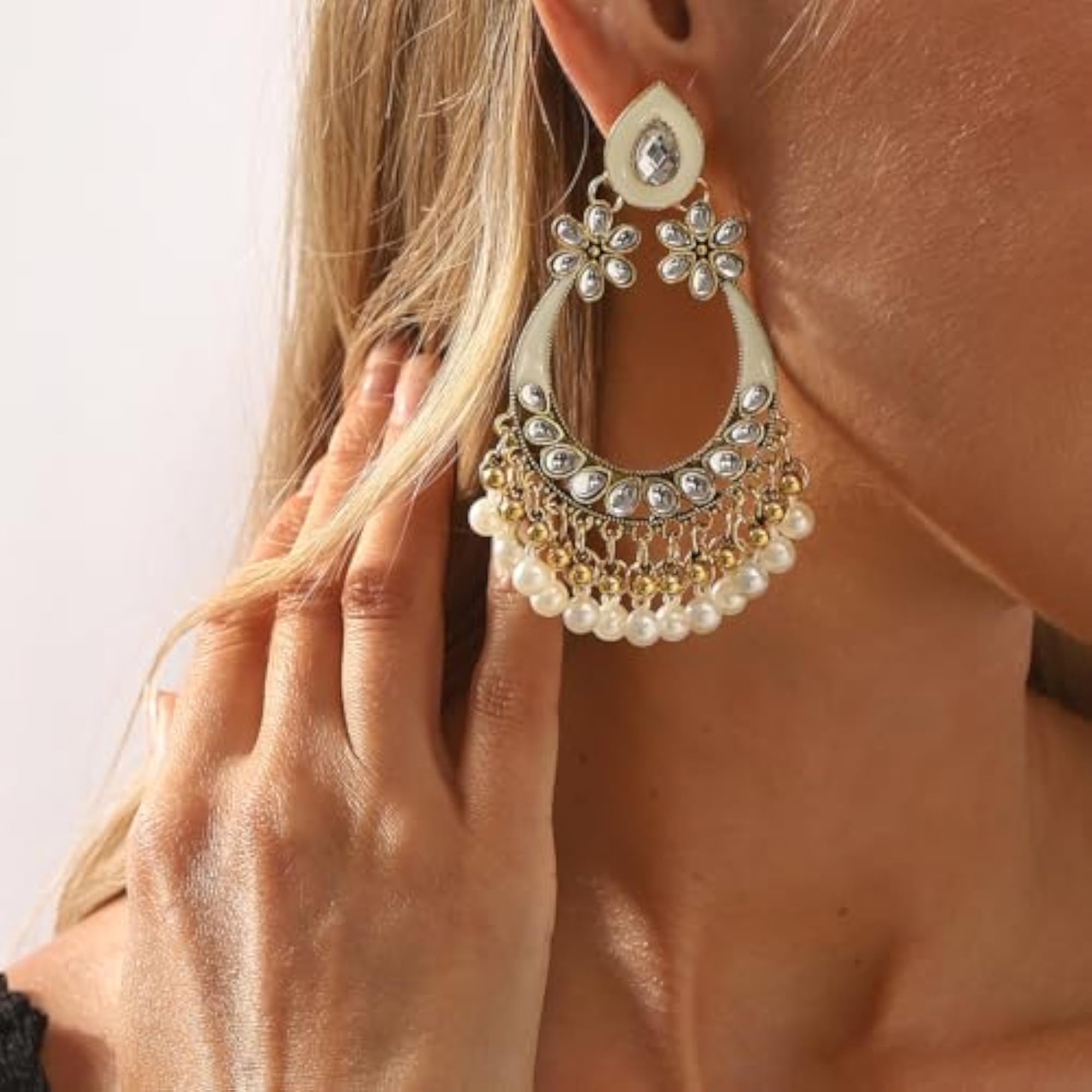 Women's Off White Water Drop Pearl Tassel Earrings, Ethnic Style