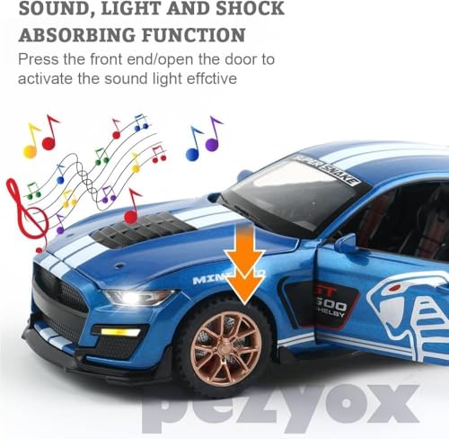 Image of Mustang Shelby GT500 Toy Car Scale Model,Pull Back Vehicles Alloy Simulation Supercar with Lights and Sound Also for Car Dashboard,Kids,Adult (Blue)