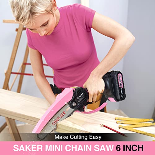Image of Saker Mini Electric Chainsaw,6 Inch, Handheld Portable Chain Saw Pruning Shears Chainsaw Cordless for Tree Branches,Household and Garden(SAKER MINI CHAINSAW PINK + 2 BATTERIES + 3 CHAINS)