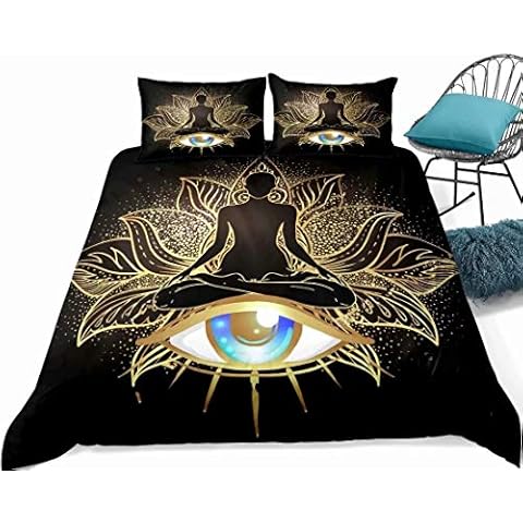 Abojoy Buddha Duvet Cover Set Twin Size, Indian Art Bohemian Mandala Zen Themed Meditation Room Design Ideas Buddhist Decorative Quilt Cover 2 Piece Lotus Floral Print Bedding Set(Gold Black) Cover