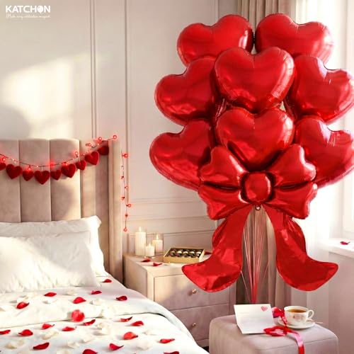 Image of KatchOn Red Heart & Bow Foil Balloons Set, Pack of 9 | Valentines Day Decorations Party | Heart Shaped Balloons Red Bow Balloons | Valentine Decorations | Valentines Day Balloons