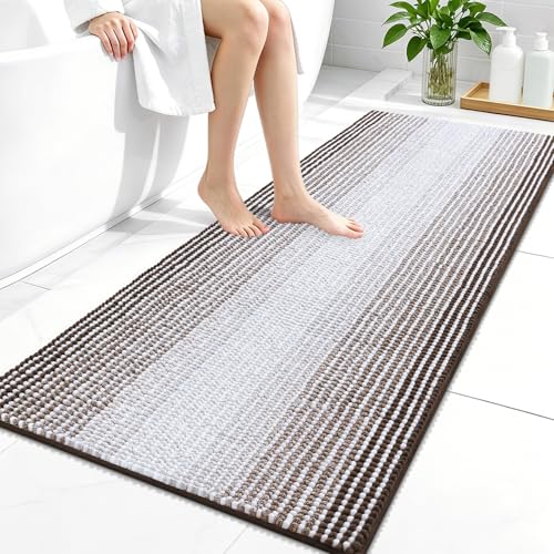 Image of OLANLY Bathroom Runner Rugs 47x24, Extra Soft Absorbent Chenille Striped Bath Rugs, Rubber Backing, Machine Wash Dry, Long Bath Mats for Bathroom, Tub, Shower, Home Decor Accessories, Brown