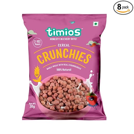 Timios Crunchies Breakfast Cereals Pouch | with Real Strawberries | Pack of 8