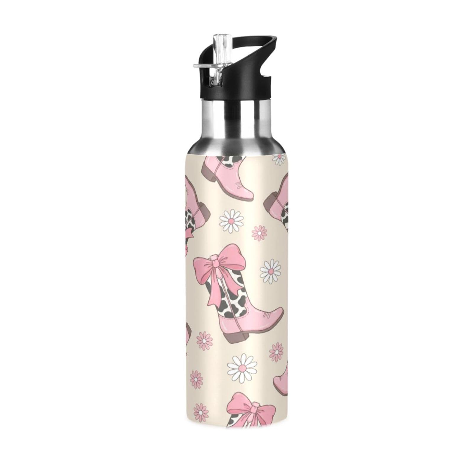 BOESI Cow Print Boot Pattern Insulated Water Bottle 600ml, Stainless Steel Vacuum Sports Bottle with Straw, Leak Proof Thermal Bottle for Gym Travel Outdoor