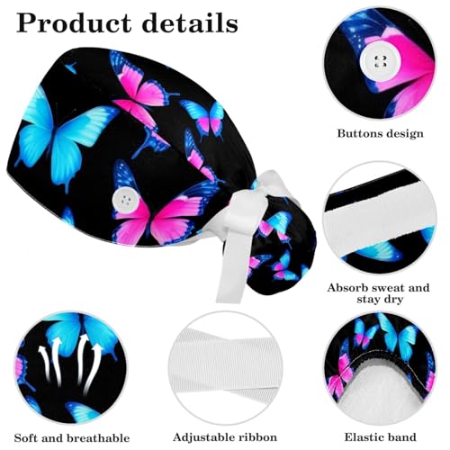 Image of Colored Butterflies Scrub Caps Women Ponytail, Adjustable Bouffant Surgical Caps with Button, Nurse Hats Long Hair