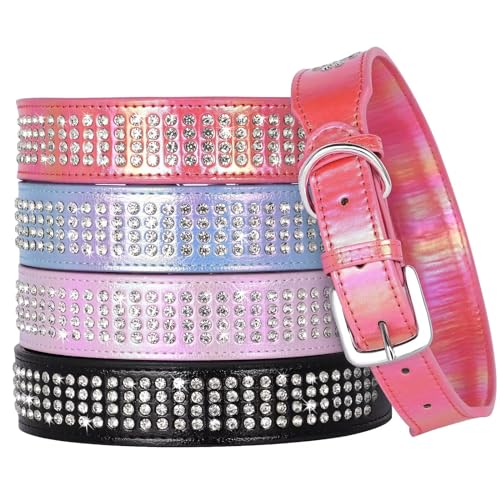 Beirui Bling Rhinestone Dog Collar with Diamonds Studded - Colorful PU Leather Padded 1.5 Inch Wide - Heavy Duty Bedazzled Dog Collar for Medium Large Dogs,19-24\",Hot Pink - Thumbnail 3