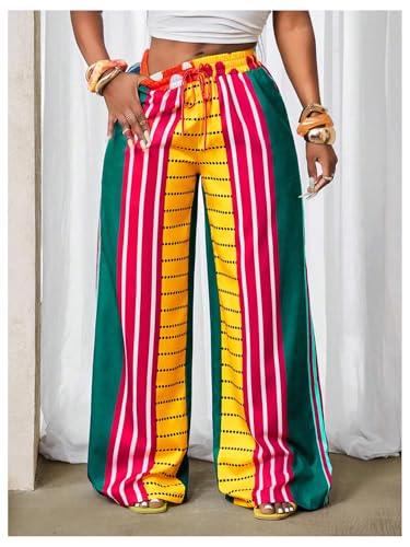 Women's Color Block Striped Palazzo Pants Wide Leg Drawstring Waist Rave Trousers with Pockets4
