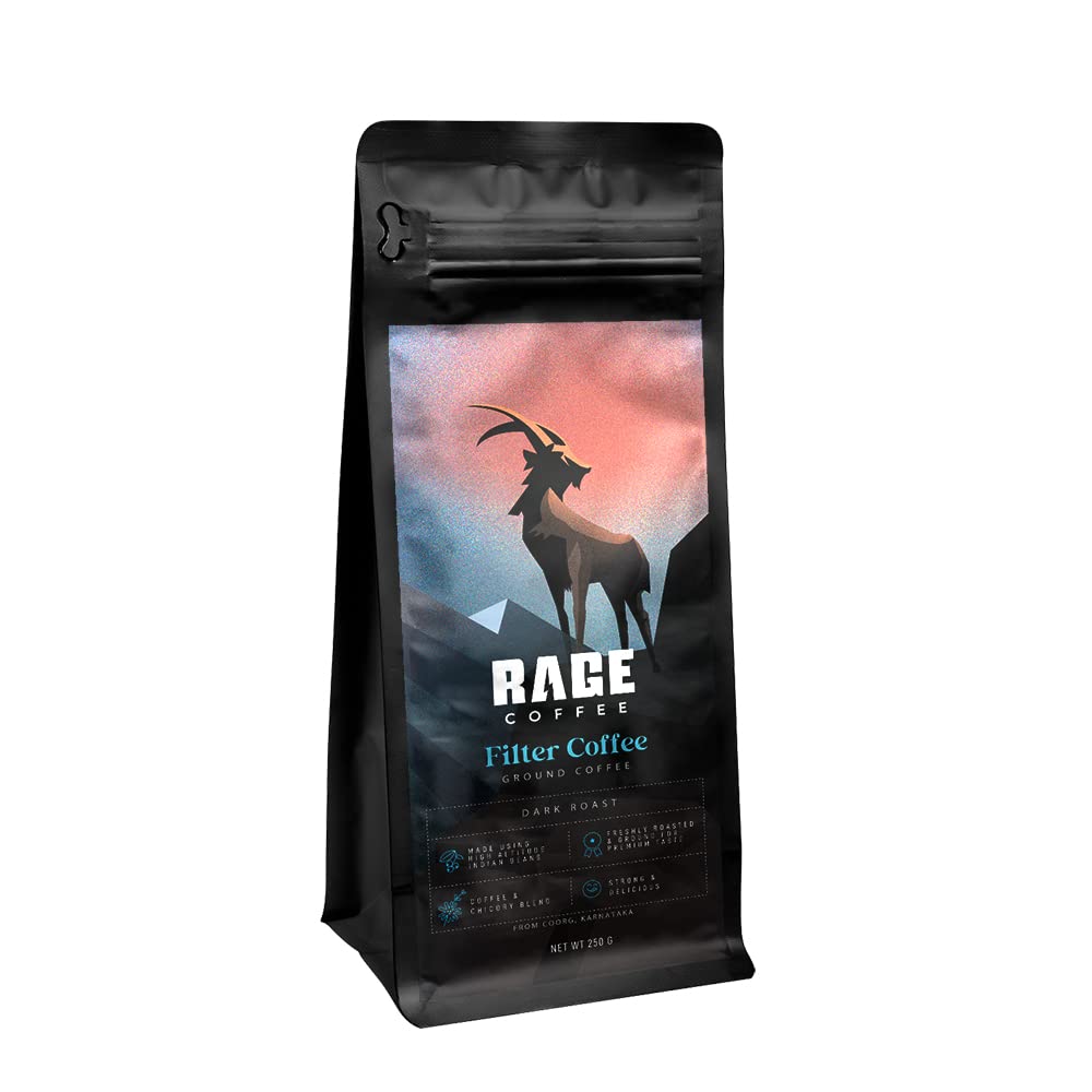 Rage Coffee South Indian Filter Powder - Blend of Arabica Beans & Chicory Freshly Roasted & Ground - Smooth, Delicious & Aromatic Hot or Cold Coffee, (Espresso Machine), 250 Gms