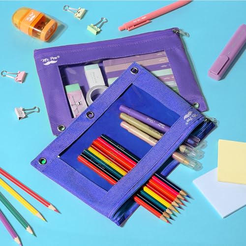Image of Mr. Pen- Pencil Pouch for 3 Ring Binder, 2 Pack, 10 inchx6.75 inch, Smooth Zipper | Clear Window, Large Capacity Pencil Case with 3 Reinforced Grommets for School, Office, Supplies Storage | Clear Window, Large Capacity Pencil Case with 3 Reinforced Grommets for School, Office, Supplies Storage
