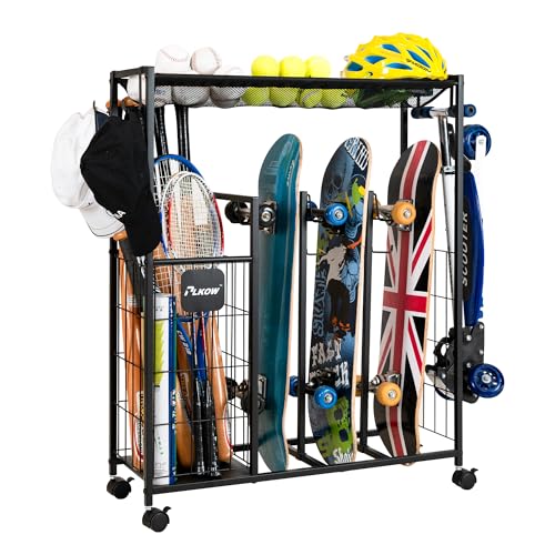PLKOW Skateboard Storage Rack with Wheels Sports Organizer for Skateboards Scooters Balls Helmets and Sports Gear Heavy Duty Sports Storage Rack for Garage Home or School Use