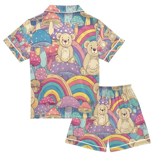 senya Rainbow Mushroom Bear Satin Summer Pajama Sets Silk Short Sleeve Button Down Sleepwear2