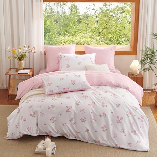 Image of Floral Duvet Cover Twin Size Pink White Flower Reversible Comforter Cover Set Butterfly Bow Heart Soft Breathable Microfiber Bedding Set with Zipper Closure and 1 Pillowcase